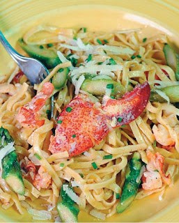 Fettuccine with lobster & fresh peas or asparagus