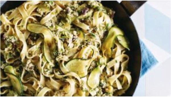 Fettuccine with olives, anchovies, artichoke and zucchini