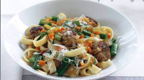 Fettuccine with pork dumplings and soffritto