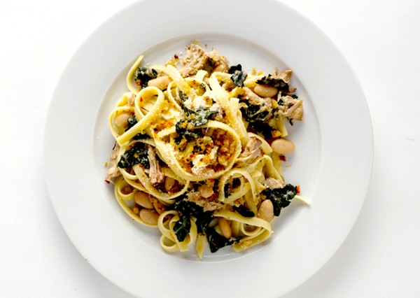 Fettuccine with pork, greens, and beans