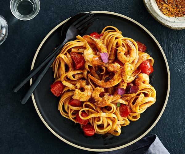 Fettuccine with prawns, tomato and sake-soy butter