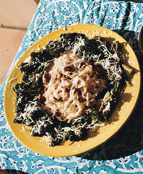 Fettuccine with sausage, sage, and crispy garlic