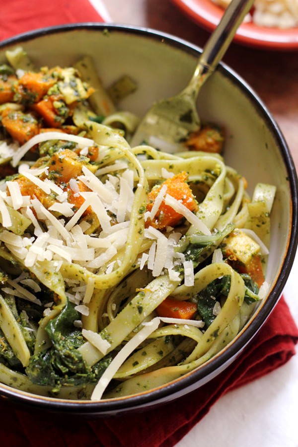 Fettuccine with Swiss chard pistachio pesto and butternut squash
