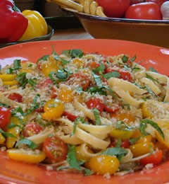 Fettuccine with tomatoes, basil, and crisp bread crumbs