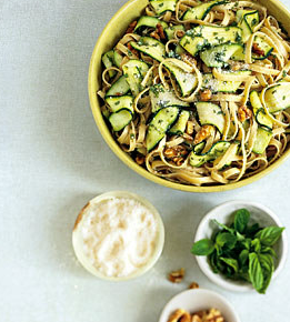 Fettuccine with walnuts, zucchini ribbons, and pecorino Romano