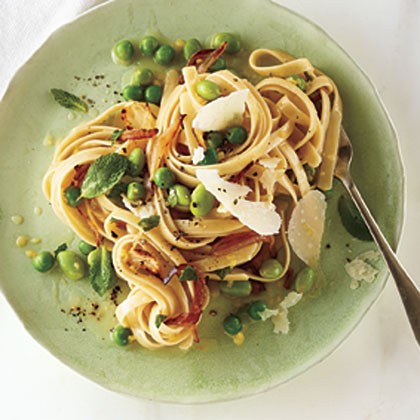 Fettucine with edamame, mint, and pecorino