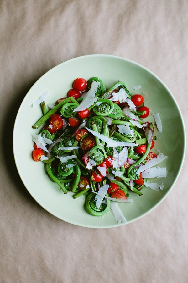 Fiddlehead and tomato salad with pecorino
