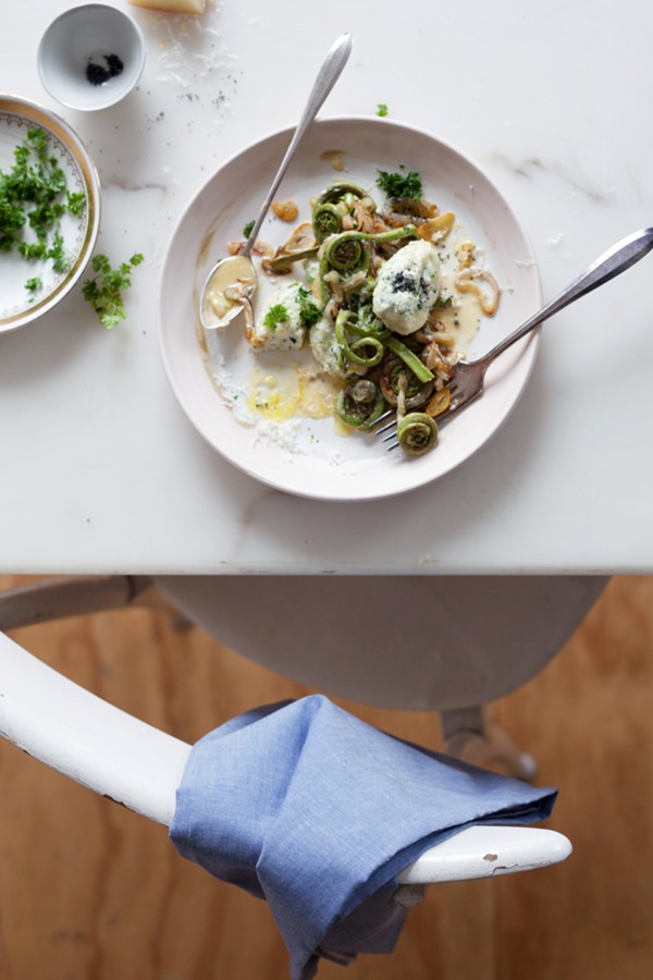 Fiddlehead ferns, nettles and ricotta gnudi