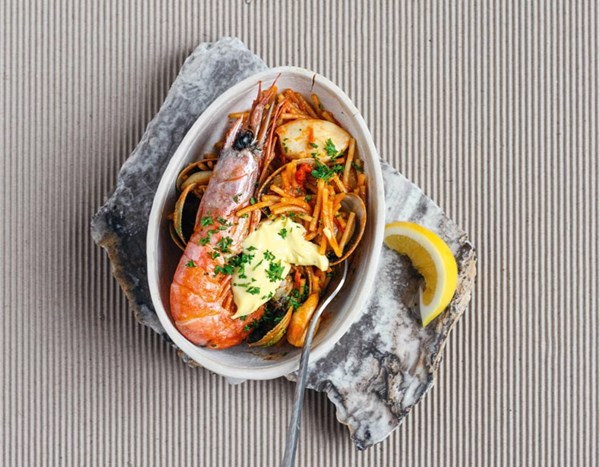 Fideua with squid & prawns, lemon & garlic aioli
