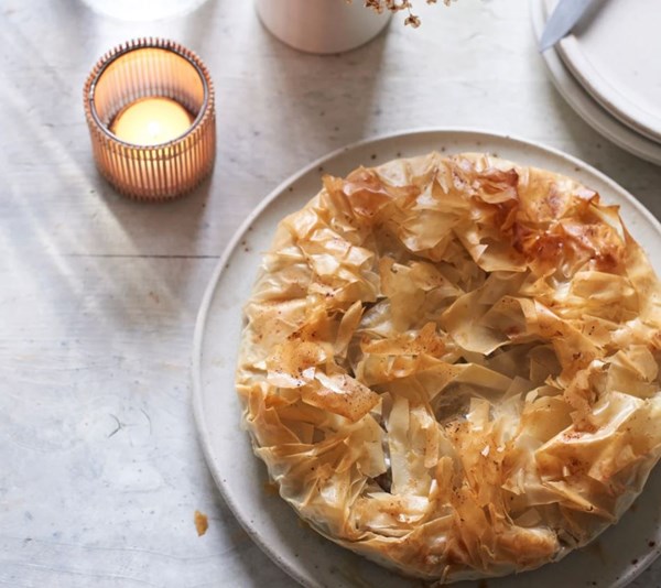 Field mushroom, walnut and thyme filo pie