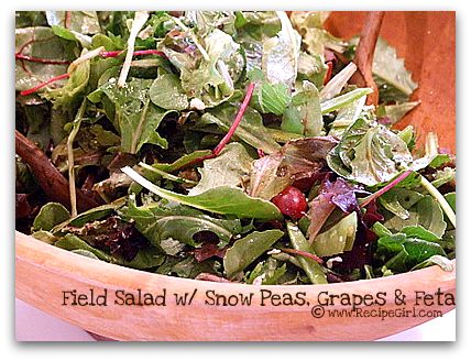Field salad with snow peas, grapes and feta