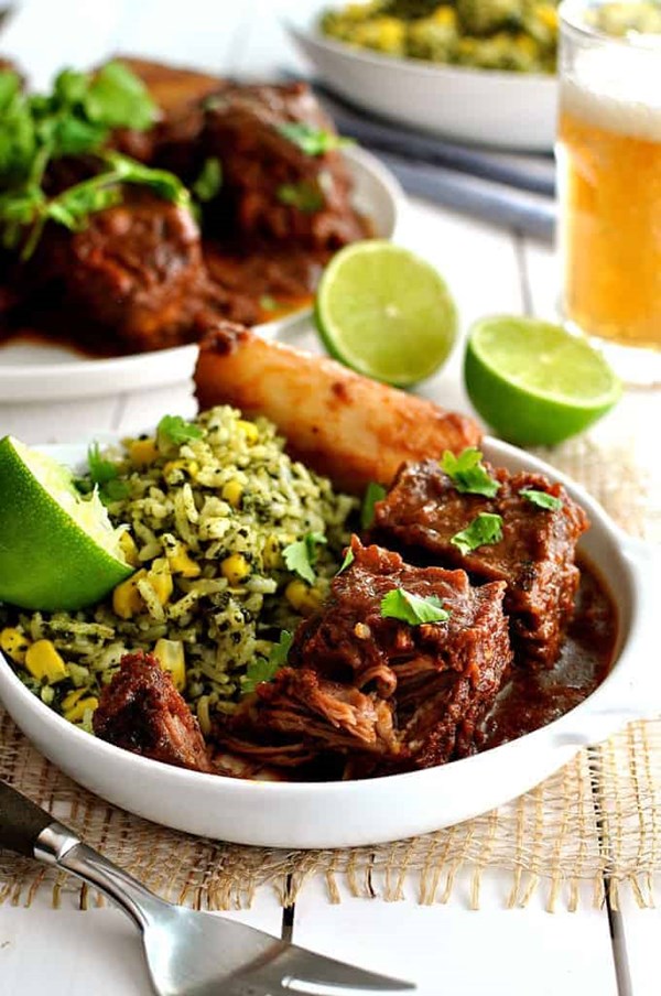 Fiery fall apart Mexican beef ribs with green Mexican rice