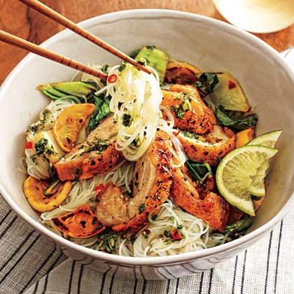 Fiery Thai noodle bowl with crispy chicken thighs