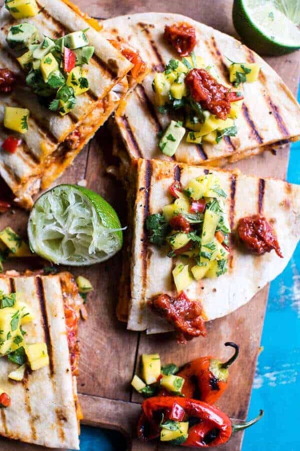 Fiesta chicken quesadillas with chipotle relish and mango salsa