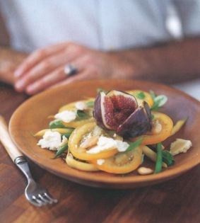 Fig, almond, mâche, yellow tomato, Lancashire cheese and bean salad