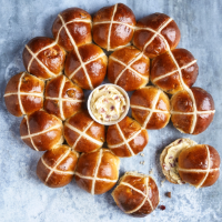 Fig and cranberry hot cross buns with maple bacon butter 