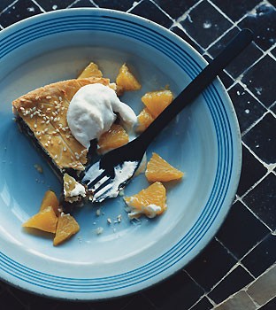 Fig and sesame tart with cardamom orange cream