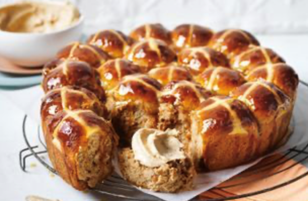 Fig and walnut hot cross buns with cinnamon butter