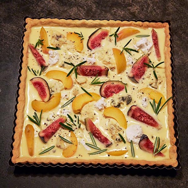 Fig, apricot, Stilton, and goat cheese tart