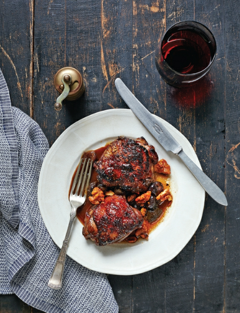 Fig-braised chicken with spiced walnuts