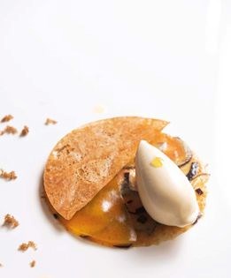 Fig carpaccio with nutmeg tuile, passion fruit gelée, and olive oil ice cream