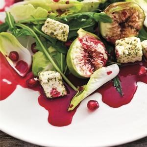 Fig, fetta and pomegranate salad with wild rosella and pepperberry syrup