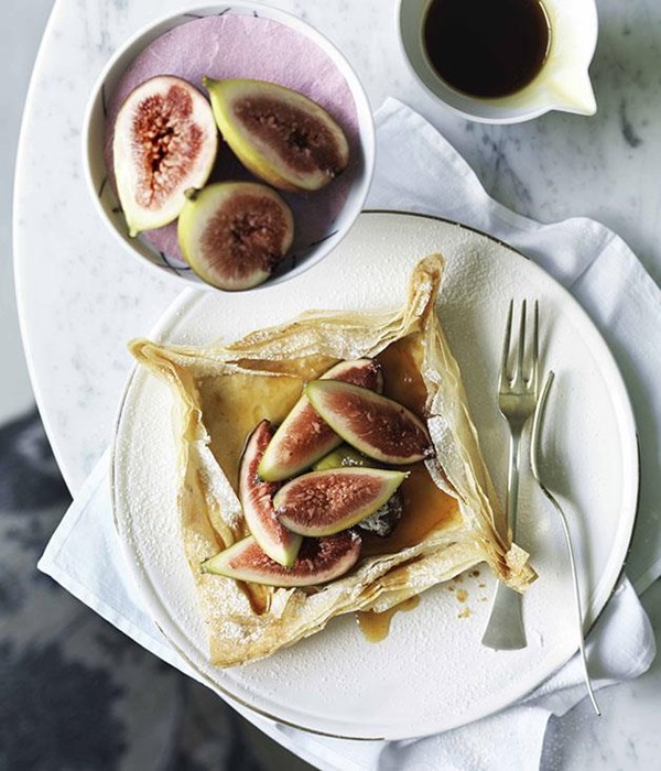 Fig, goat's curd and honey filo tartlets