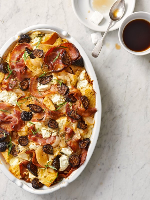 Fig, pancetta, and goat cheese strata