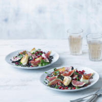 Fig, pomegranate and lentil salad with halloumi