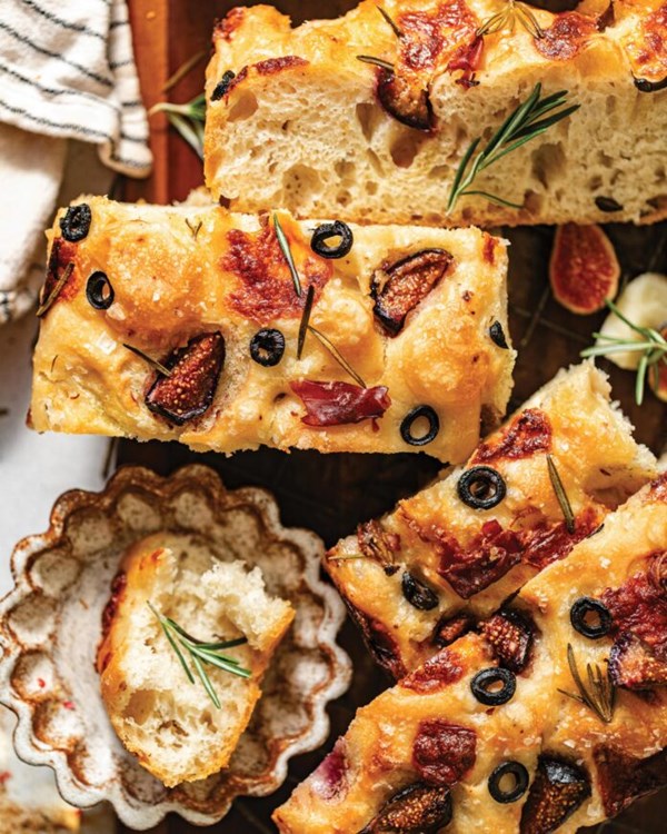 Fig, prosciutto, rosemary, and olive focaccia