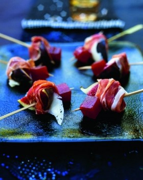 Fig, serrano ham, Manchego and membrillo skewers