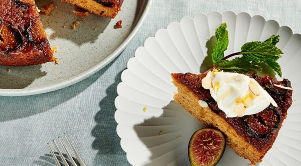 Fig upside-down cake with whipped cream [Brad Mahlof]