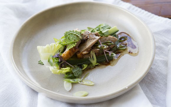 Fig vino cotto roast duck in lettuce cups