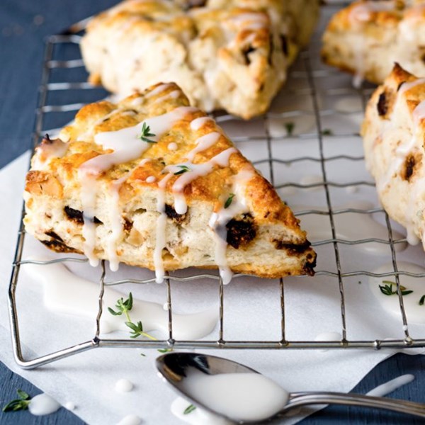 Fig, walnut, goat cheese, and thyme scones with thyme glaze