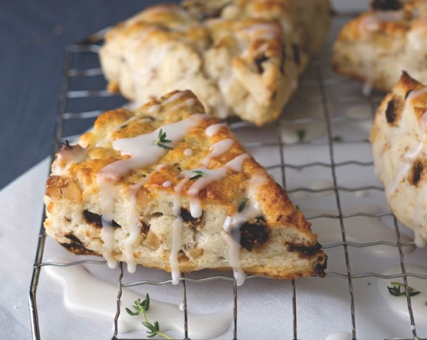 Fig, walnut, goat cheese, and thyme scones with thyme glaze