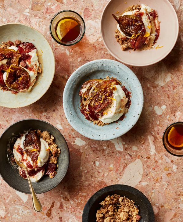 Figs, pomegranate molasses and tahini crumble