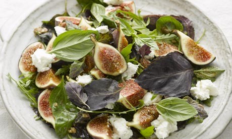 Figs with basil, goat's curd and pomegranate vinaigrette
