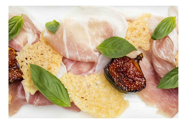 Figs with sherry vinegar and caramel, Grana Padano crisps and prosciutto di San Daniele