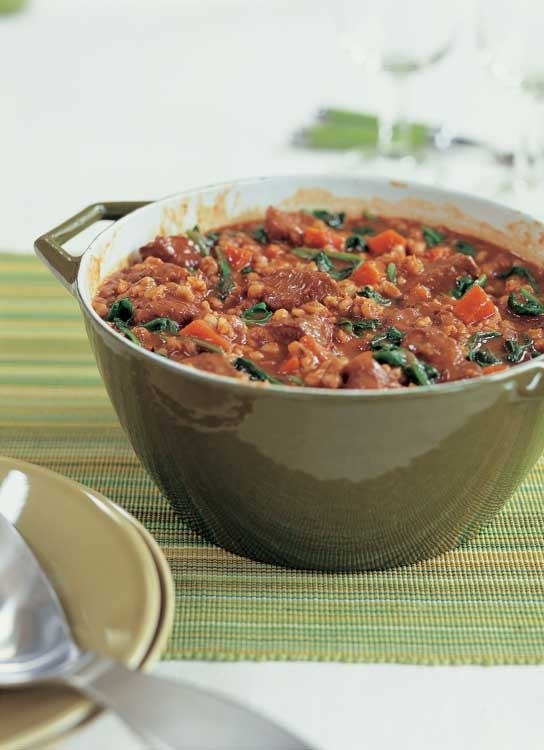 Filet mignon and barley "stew" with spinach