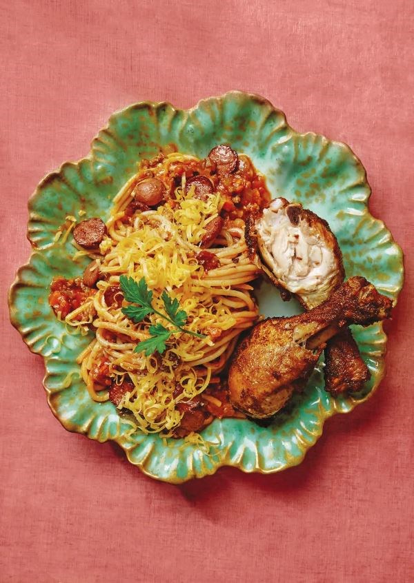 Filipino Bolognese with hot dog coins (Filipino spaghetti)