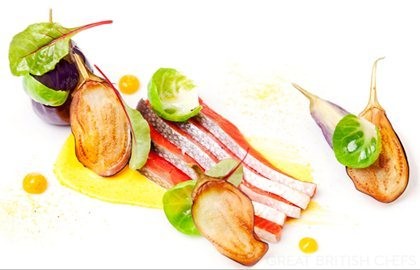 Fillet of Alaska salmon, aubergine, kumquat, Greek yoghurt