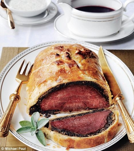 Fillet of beef in pastry with wild mushrooms and red wine sauce