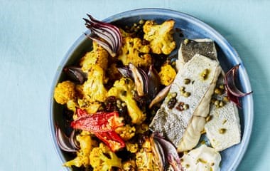Fillet of coley with curried cauliflower, capers and raisins