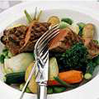 Fillet of lamb served on a bed of spring vegetables with a mint pesto 