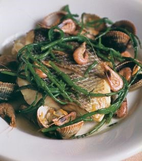Fillet of sea bass with samphi, shrimps and cockles