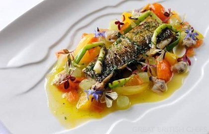 Fillet of silver mullet with grilled spring onions, cucumber, confit tomatoes and sauce vierge