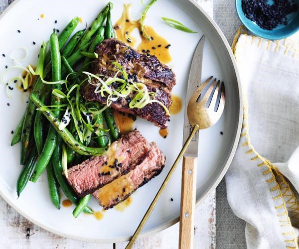 Fillet steak with charred green beans and tahini