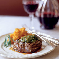 Fillet steak with walnut pesto and sweet potato mash
