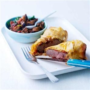 Filo lamb with spiced aubergine ragù