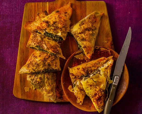 Filo pastries with mustard greens and za'atar